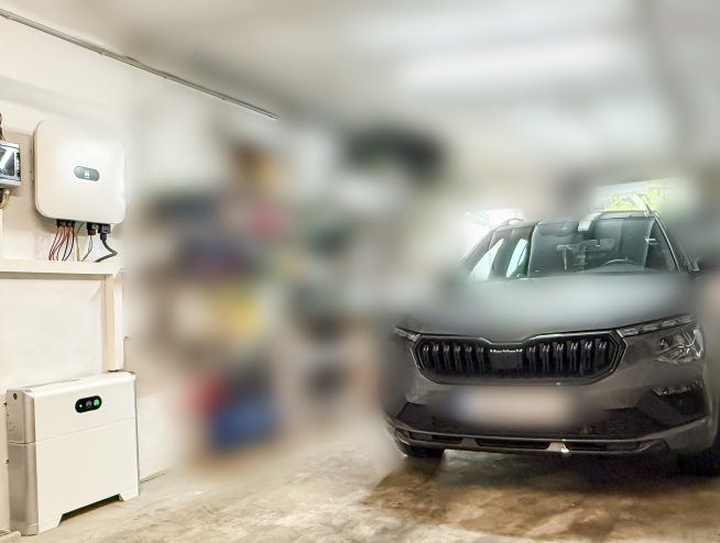 Die Kabel werden oben an der Garagenseitenwand durchgeführt und verlaufen fachgerecht entlang der bestehenden Elektroinstallation